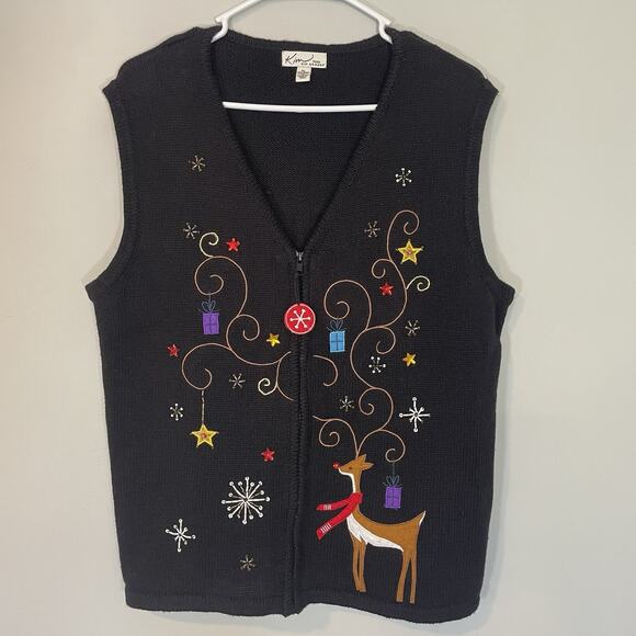 Kim Rogers Christmas Sweater Vest Petite L Reindeer Sequin Embellished Party - Picture 1 of 6